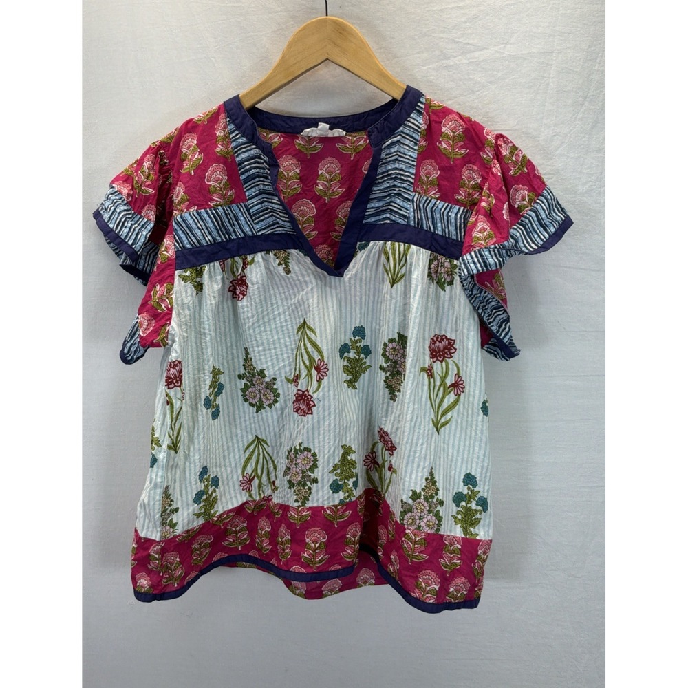 THML Striped Floral  V-Neck Flutter Sleeve Blouse Size M Travel Casual Festival